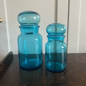 Pair of Vintage Belgium Blue Glass Apothecary Canisters